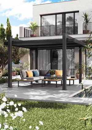 מערכת ישיבה פינתית מאלומיניום אפור כהה משולב עץ טיק PERSEA