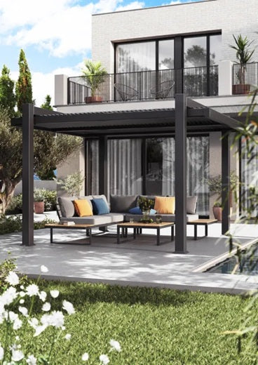 מערכת ישיבה פינתית מאלומיניום אפור כהה משולב עץ טיק PERSEA