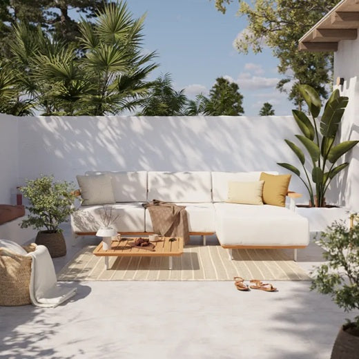 מערכת ישיבה פינתית בדים 100% אטומים למים אלומיניום ועץ טיק DUNE