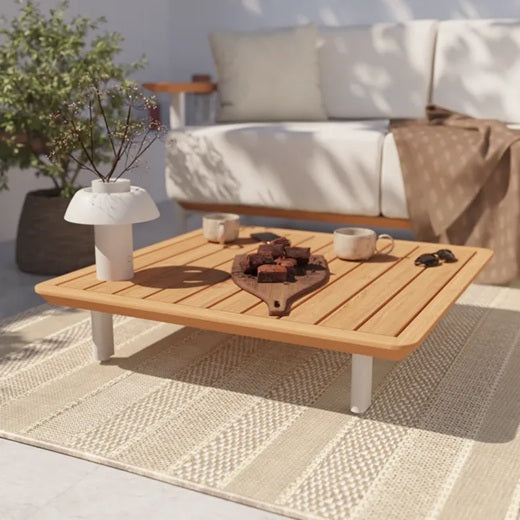 מערכת ישיבה פינתית בדים 100% אטומים למים אלומיניום ועץ טיק DUNE