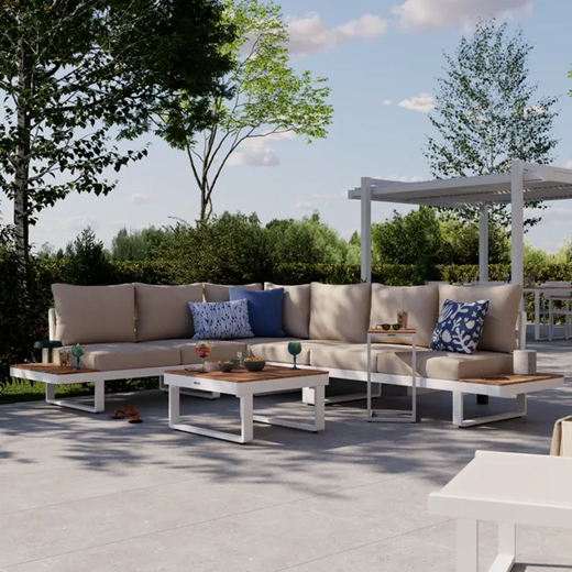 מערכת ישיבה פינתית מאלומיניום לבן משולב עץ טיק PERSEA