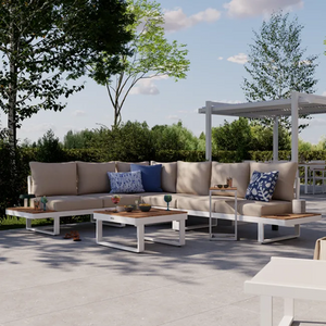 מערכת ישיבה פינתית מאלומיניום לבן משולב עץ טיק PERSEA